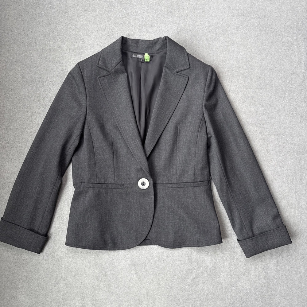 Lafayette 148 New York Blazer Womens 10 Gray One Button Wool Blend Lined Jacket